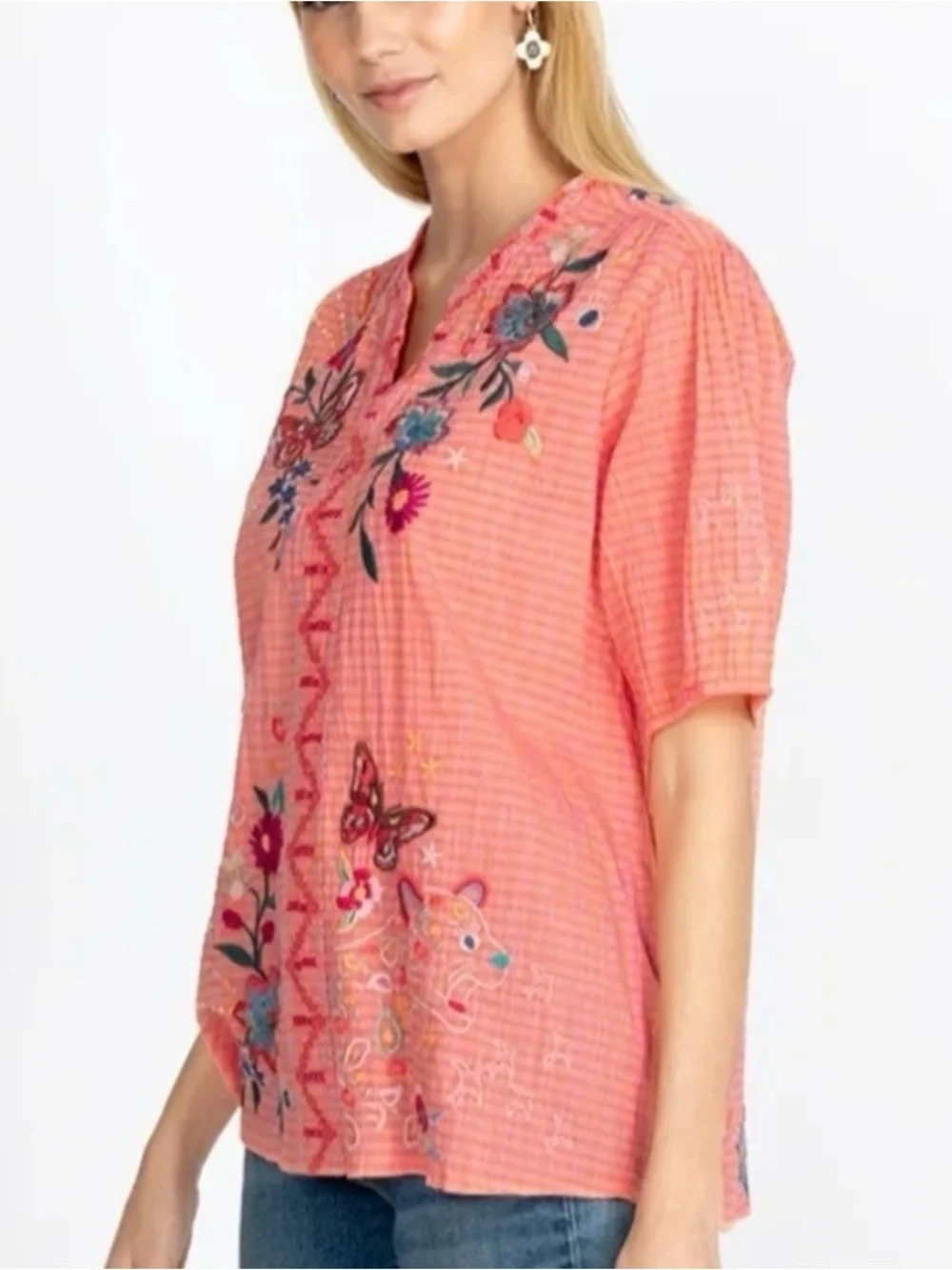 Johnny Was Olinda Puff Sleeve Embroidered Floral V-Neck Top Blouse